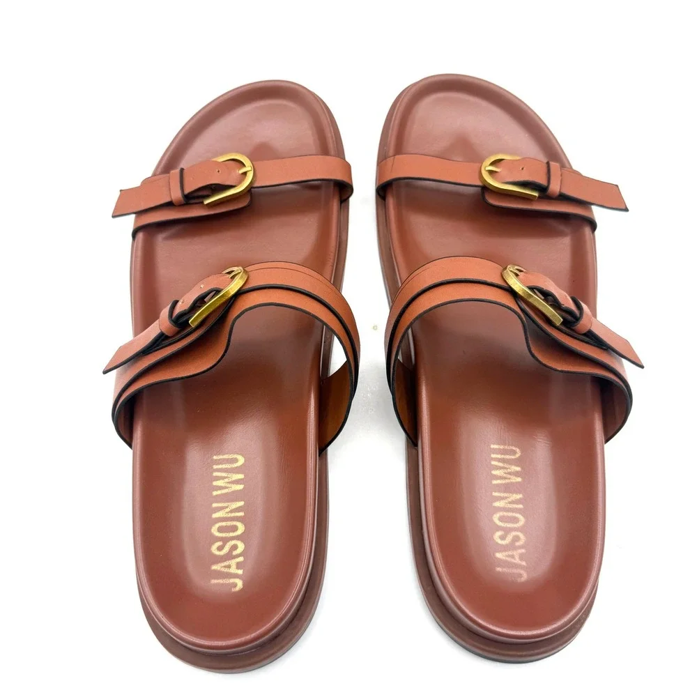 Jason Wu Sandals Women 10 Brown Excellent Leather Double Buckle Slide Shoes
